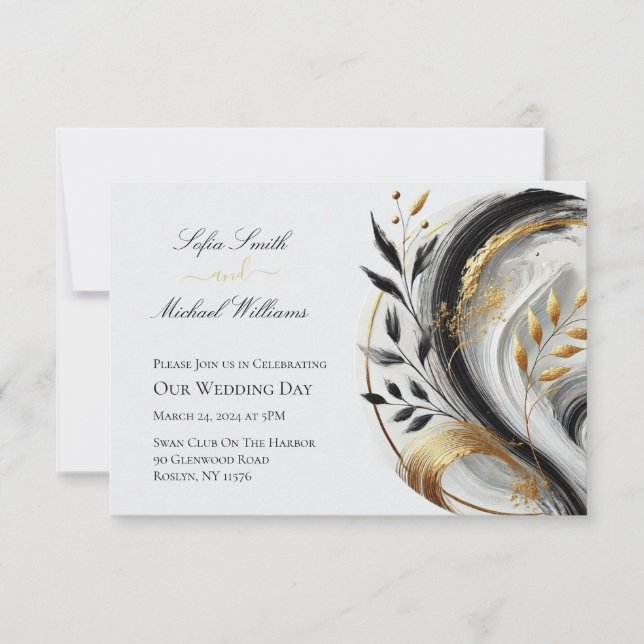 Invitation Mariage moderne Botanique Noir Blanc et Or- Inv (Devant)