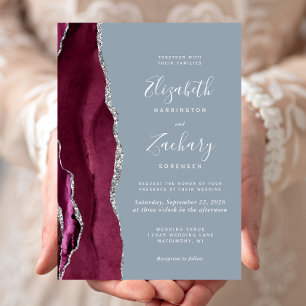 Invitation Mariage Moderne Bourgogne Argent Agate Bleu Poussi