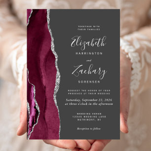 Invitation Mariage moderne Burgundy Argent Agate Charcoal Gre