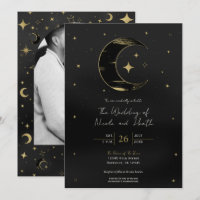 Mariage Moderne Céleste Lune Étoiles Noir & Or