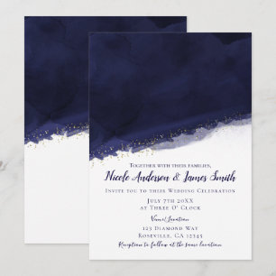 Invitation Mariage Moderne Chic Bleu Nuit Aquarelle & Or
