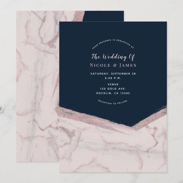 Invitation Mariage Moderne Chic en Marbre Bleu Foncé et Rose (Devant / Derrière)