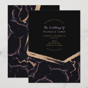 Invitation Mariage Moderne Chic Marbre Noir Violet & Or