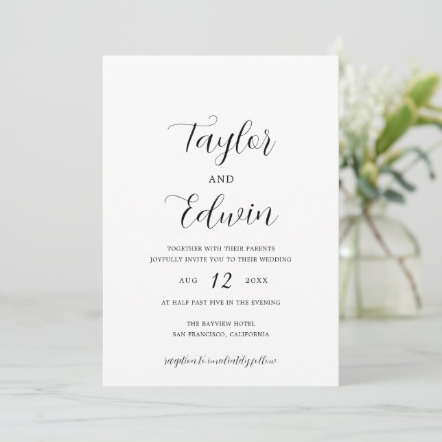 Invitation Mariage moderne contemporain noir blanc élégant (Debout devant)