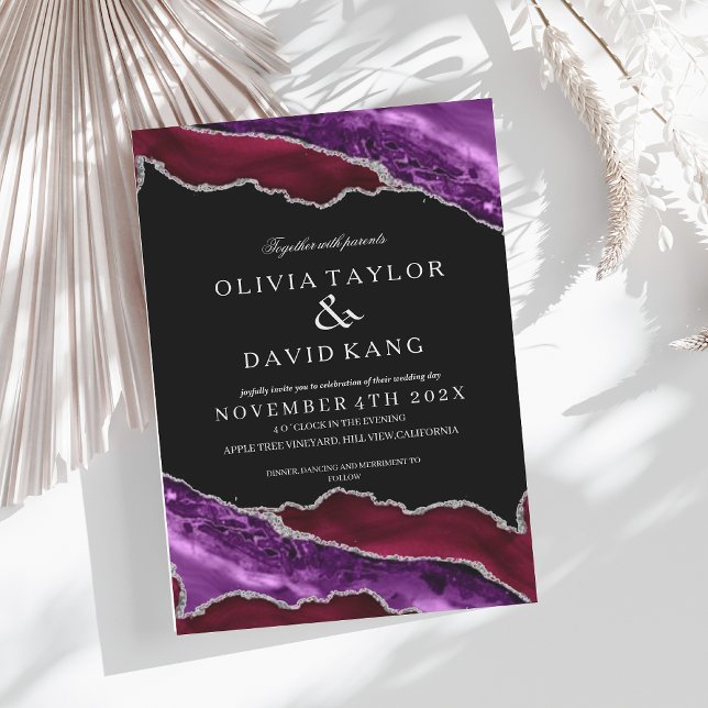 Invitation Mariage moderne d'âge noir bordeaux et violet (Créateur téléchargé)