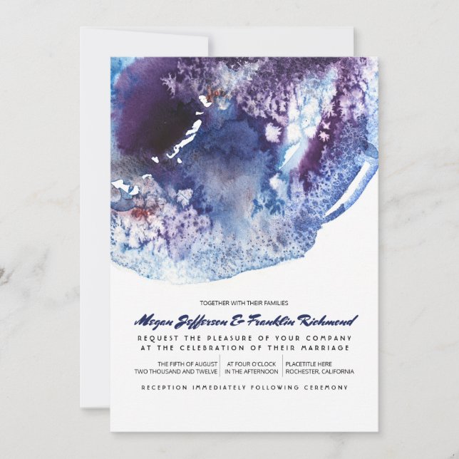 Invitation Mariage moderne d'aquarelle de bleu d'indigo (Devant)