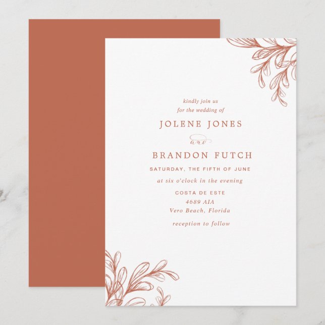 Invitation Mariage Moderne d'Automne en Orange Brûlé (Devant / Derrière)