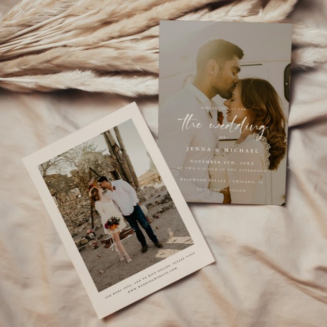Invitation Mariage moderne de 2 photos de script beige (Créateur téléchargé)