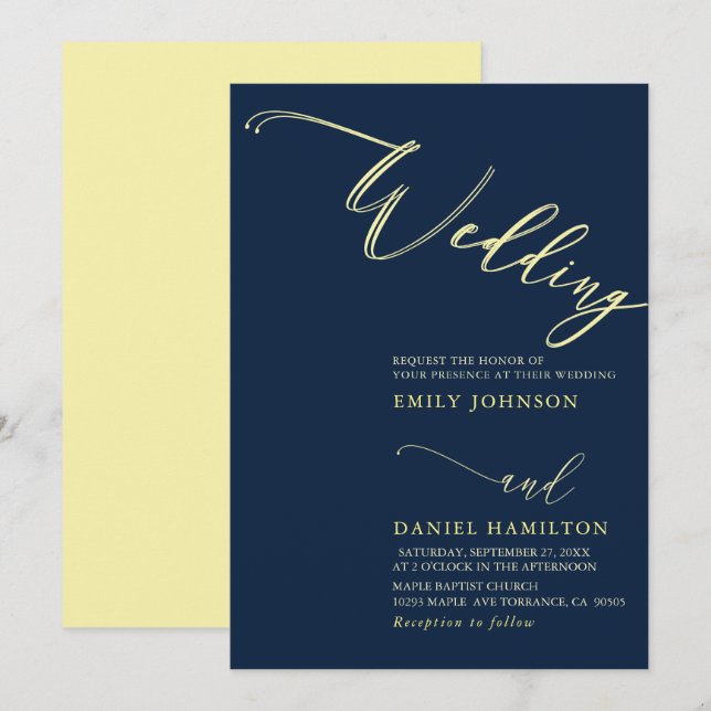 Invitation Mariage moderne de calligraphie de marine gris jau (Devant / Derrière)
