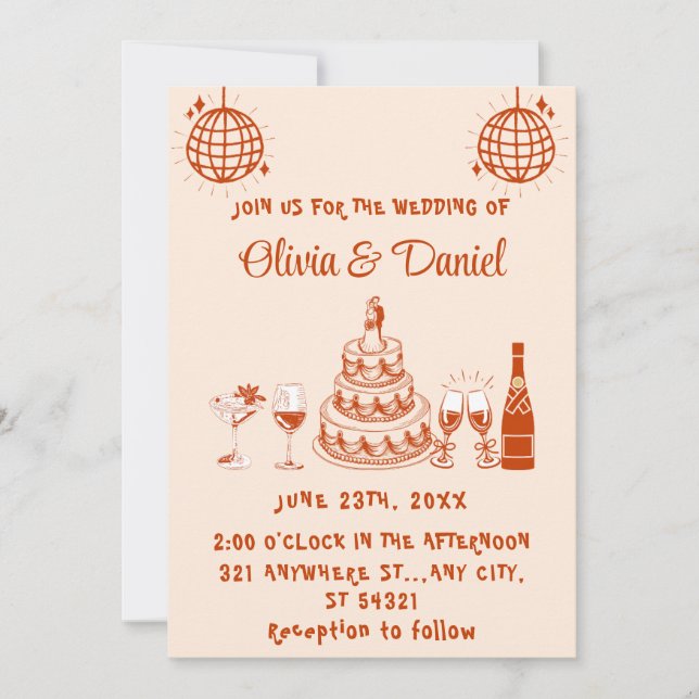 Invitation Mariage moderne de gâteau rouge tiré à main rétro (Devant)