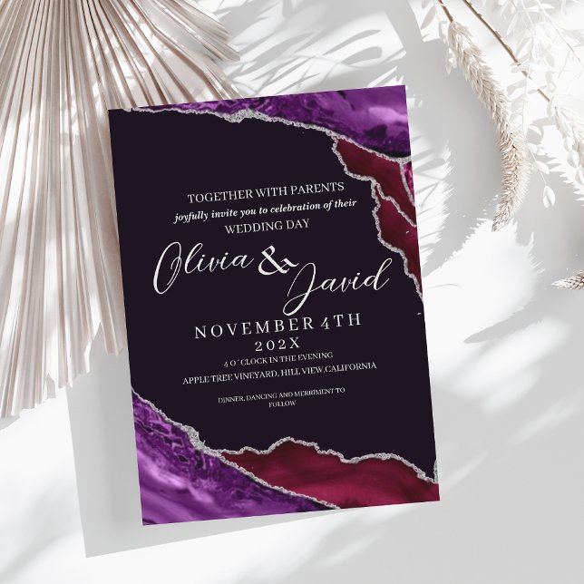Invitation Mariage moderne de luxe violet & bordeaux Agate (Créateur téléchargé)
