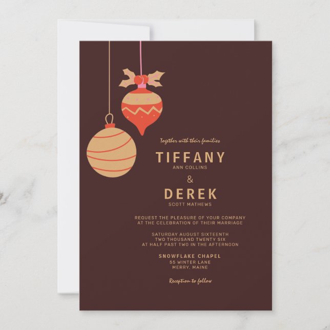 Invitation Mariage moderne de Noël Baubles (Devant)