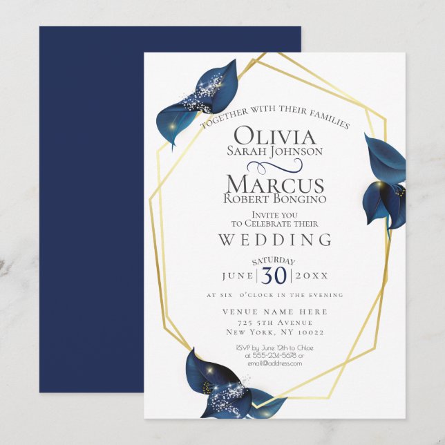 Invitation Mariage | Moderne Deep Indigo Bleu et Or (Devant / Derrière)