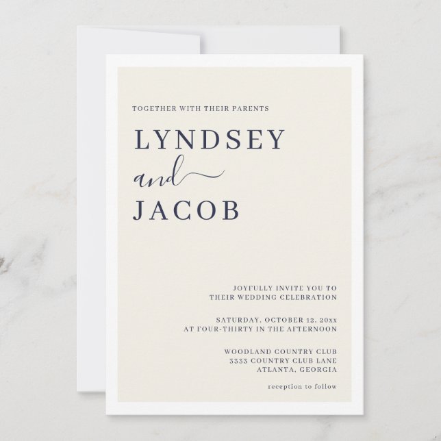 Invitation Mariage moderne Deep Navy bleu et crème (Devant)