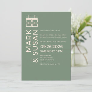 Invitation Mariage Moderne Double Bonheur Vert Sauge