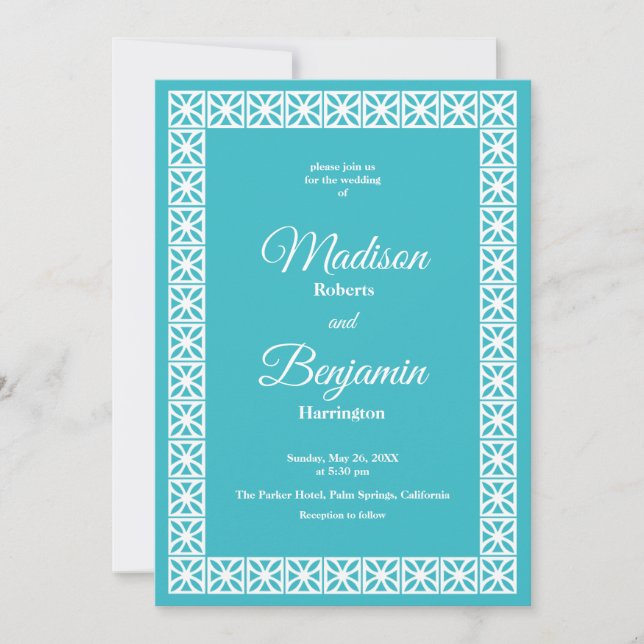 Invitation Mariage moderne du milieu du siècle, rétro, bleu,  (Devant)