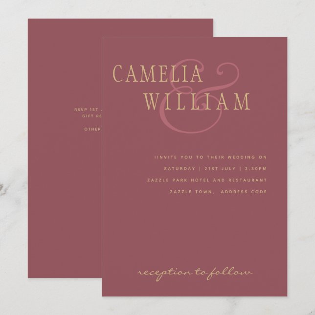 Invitation Mariage moderne Dusty Rose rose or (Devant / Derrière)