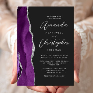 Invitation Mariage Moderne Écriture Agate Argent Violet