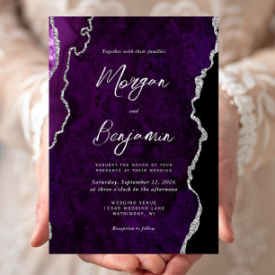 Invitation Mariage Moderne Écriture Argent Agate Violette