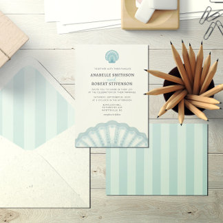 Invitation Mariage moderne Elegant Beach Blue Shell