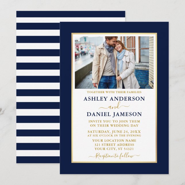 Invitation Mariage moderne Elegant Bleu Gratté Or (Devant / Derrière)