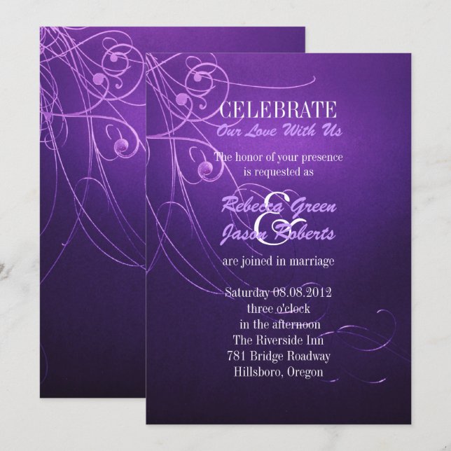 Invitation mariage moderne élégant chic tourbillons violet vi (Devant / Derrière)