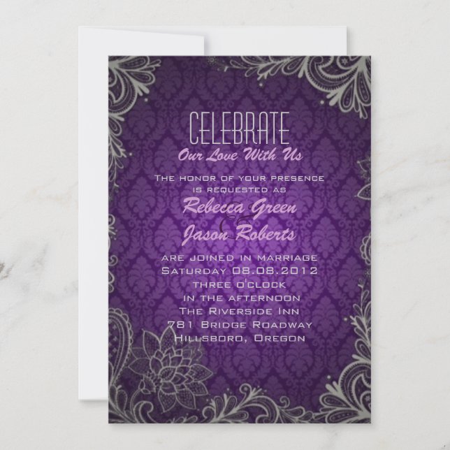 Invitation mariage moderne élégant damassé violet (Devant)