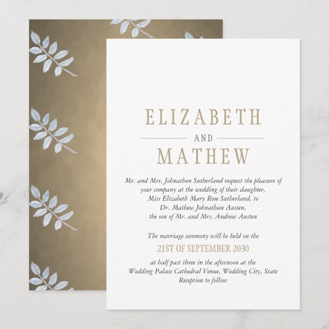 Invitation Mariage moderne élégant d'or blanc (Devant / Derrière)