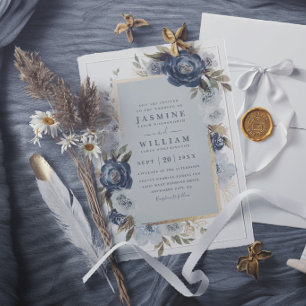 Invitation Mariage Moderne Élégant Floral Indigo Romantique