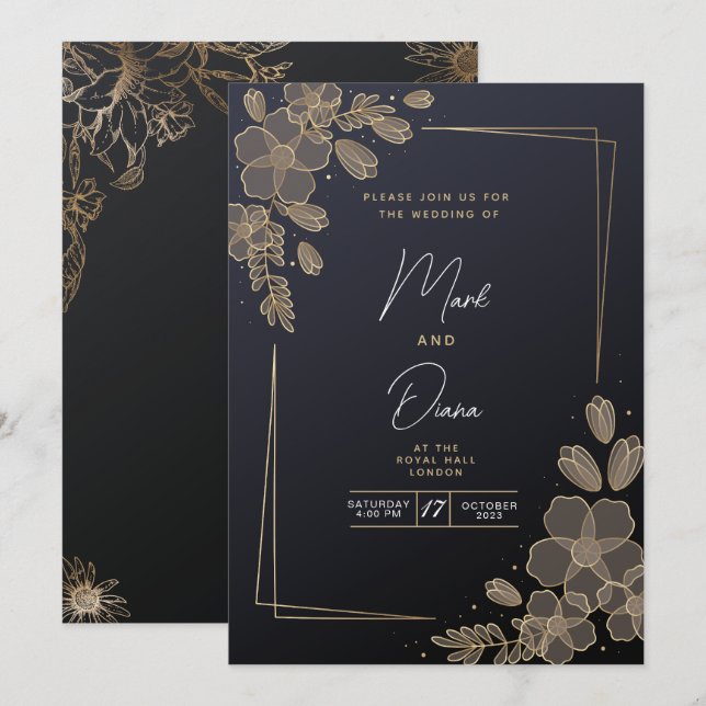 Invitation Mariage moderne élégant noir et or (Devant / Derrière)