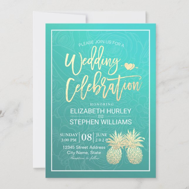 Invitation Mariage moderne Élégant Or Huile d'ananas Couple (Devant)