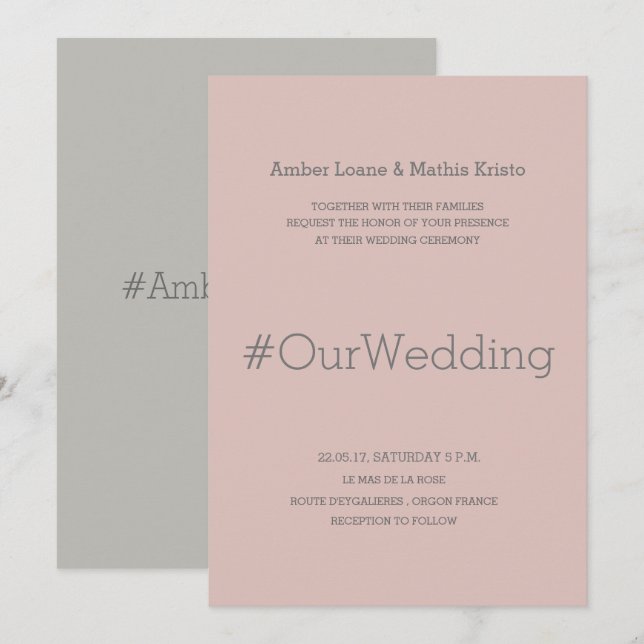 Invitation Mariage moderne élégant rose poudré gris hashtag (Devant / Derrière)