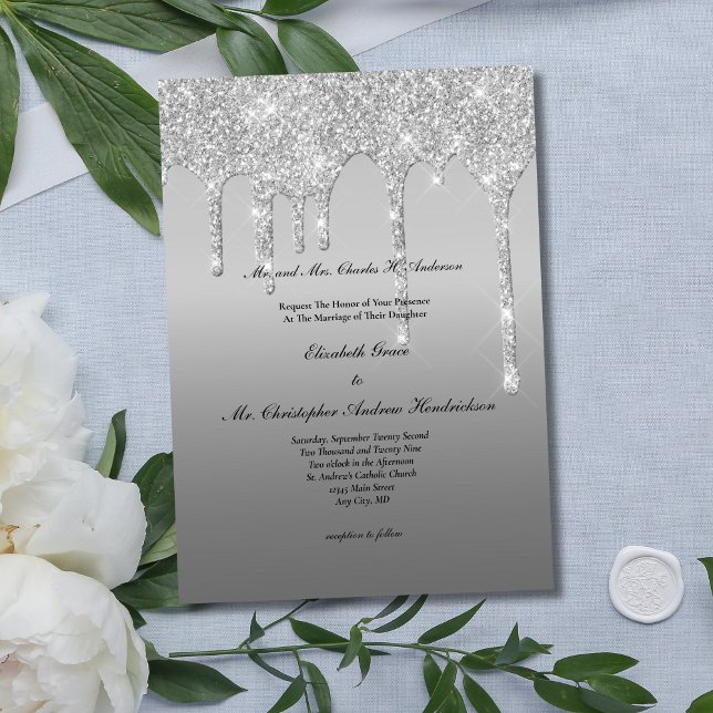 Invitation Mariage Moderne Élégant Tendance avec Gouttes de P (Silver Dripping Glitter Elegant Modern Glam Bling Wedding Invitation)
