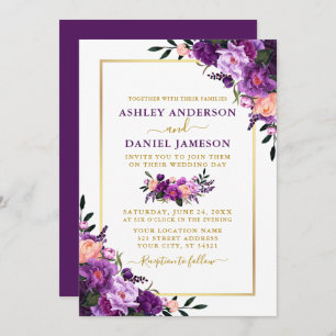 Invitation Mariage moderne élégant violet Floral or