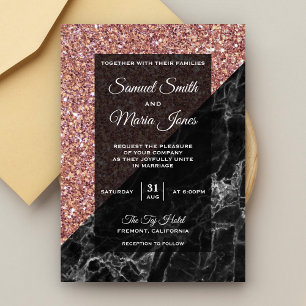 Invitation Mariage moderne en faux marbre noir et paillettes