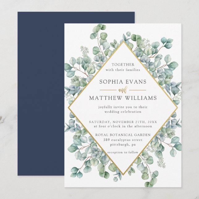 Invitation Mariage moderne Eucalyptus Verdure Gold Frame (Devant / Derrière)