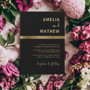 Invitation Mariage Moderne Faux Métal Doré & Noir