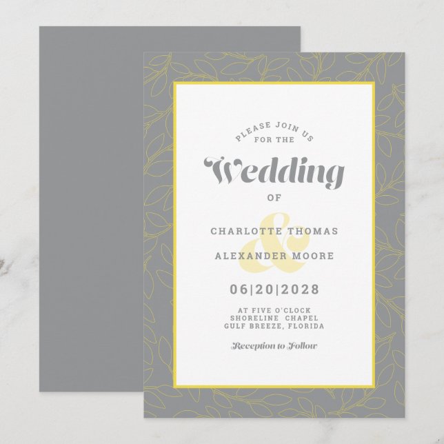 Invitation Mariage moderne Feuilles Abstraits Motif gris jaun (Devant / Derrière)