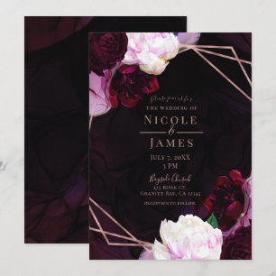 Invitation Mariage Moderne Fleurie Humeur Vin Foncé Or Rose