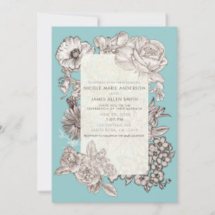 Invitation Mariage Moderne Fleuris Bleu Turquoise Vintage