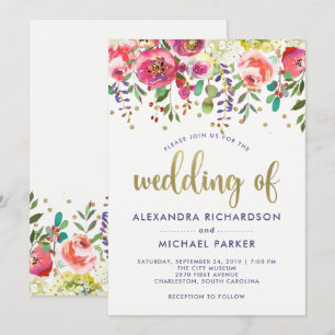 Invitation Mariage moderne floral d'aquarelle de l'or