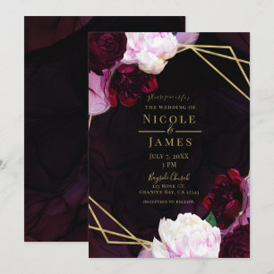 Invitation Mariage Moderne Floral Foncé Vin Glam Or