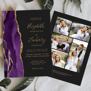 Invitation Mariage Moderne Foncé Violet Or Agate 5 Photos