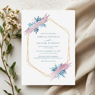 Invitation Mariage Moderne Géométrique Doré avec Verdure Bleu