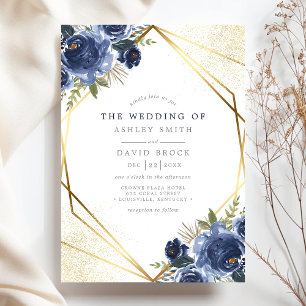 Invitation Mariage Moderne Géométrique Fleurs Bleu Marine Or