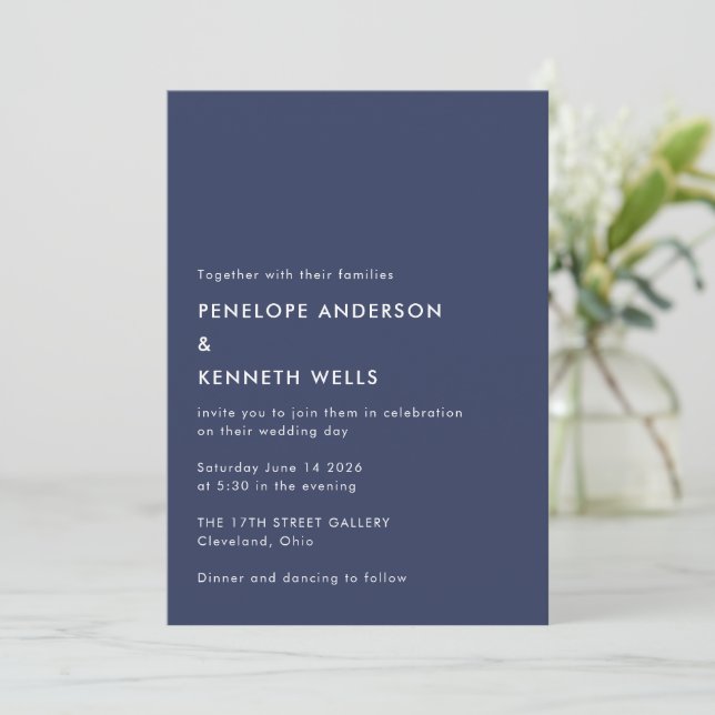 Invitation Mariage moderne Gras Marine Blanc Classique Minima (Debout devant)