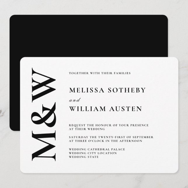 Invitation Mariage moderne Gras noir et blanc (Devant / Derrière)