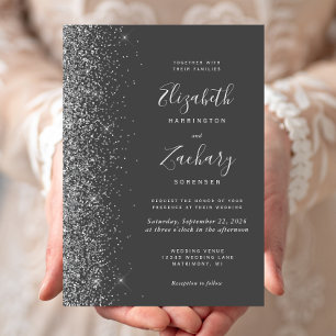 Invitation Mariage Moderne Gris Charbon Paillettes Argentées