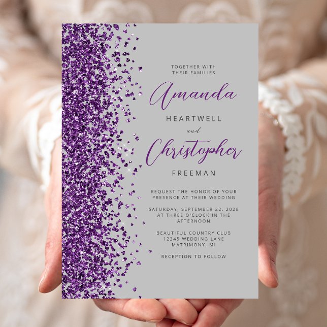 Invitation Mariage Moderne Gris Paillettes Violettes Script (Créateur téléchargé)