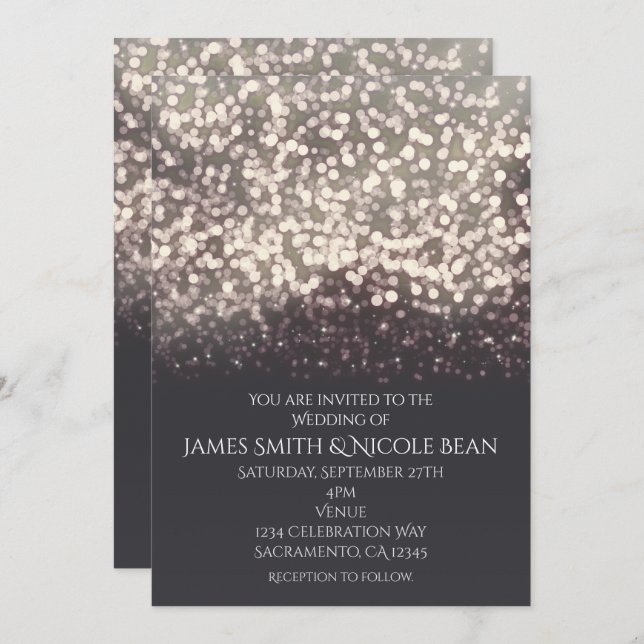 Invitation Mariage Moderne Gris Romantique avec Lumières Scin (Devant / Derrière)